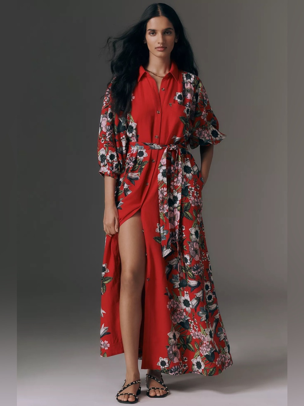NWT Anthropologie Maeve Mona Linen Shirt Dress Red Floral